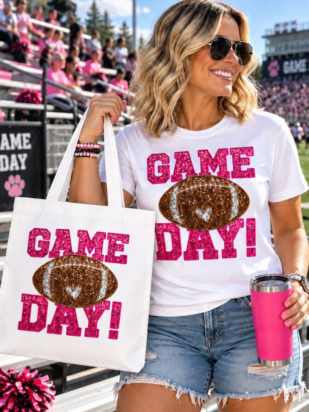 Game Day Football Graphic T-Shirt AND Tote Bag Gift Set Matching Gift Bundle